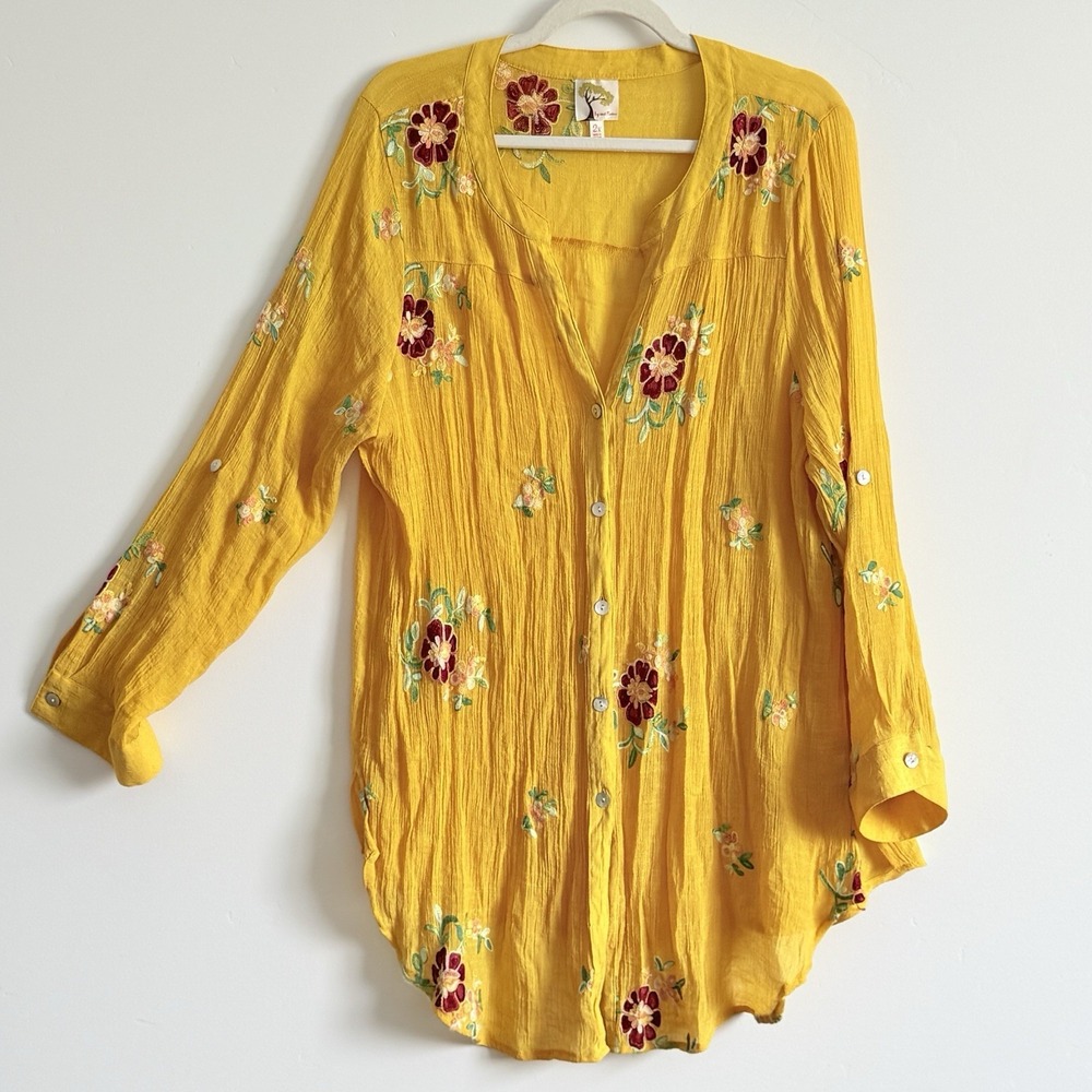 Fig & Flower Anthropologie Button Front Blouse Top 2X Boho Embroidered Artsy
